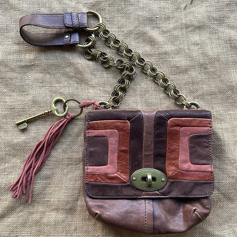 Fossil Leather Purse with Chain Link Strap Boho bohemian Retro Rare find Leather